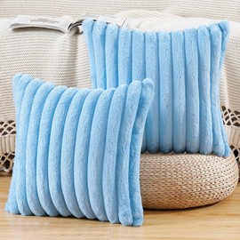 Madizz Set of 2 Faux Fur Plush Decorative Throw Pillow Covers 16x16 inch, 40x40 cm, Light Blue Fluffy Striped Soft Decorative Cushion Cover for Sofa Bedroom Pillow Shell