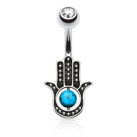 Pierced Owl 14GA 316L Stainless Steel Hamsa Hand Belly Button Ring with Turquoise Stone