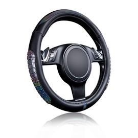 Flying Banner car Steering Wheel Cover Gel Massage Velvet Cool Warm Universal Size 15 inches SUV Truck Anti Slip Odorless Summer Winter (Black Muti-Volor Faux Leather, Gel Massage)