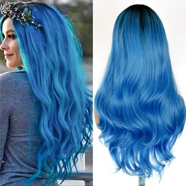 PORSMEER Long Wavy Wigs for Women, Synthetic Curly Hair Wigs, Heat Resistant Fibre, Natural Ombre Blue Wigs, Centre Parting for Women, 26 Inches (65 cm)