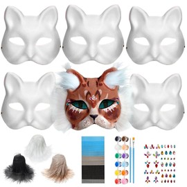 Pack of 6 Cat Masks with Eyes Mesh Fur Beard and Gemstone Stickers, Animal Cat Mask DIY Set Cat Masks to Paint Felt, Mask Craft Kit, DIY Blank Face Mask Costume for Masquerade, Hallow