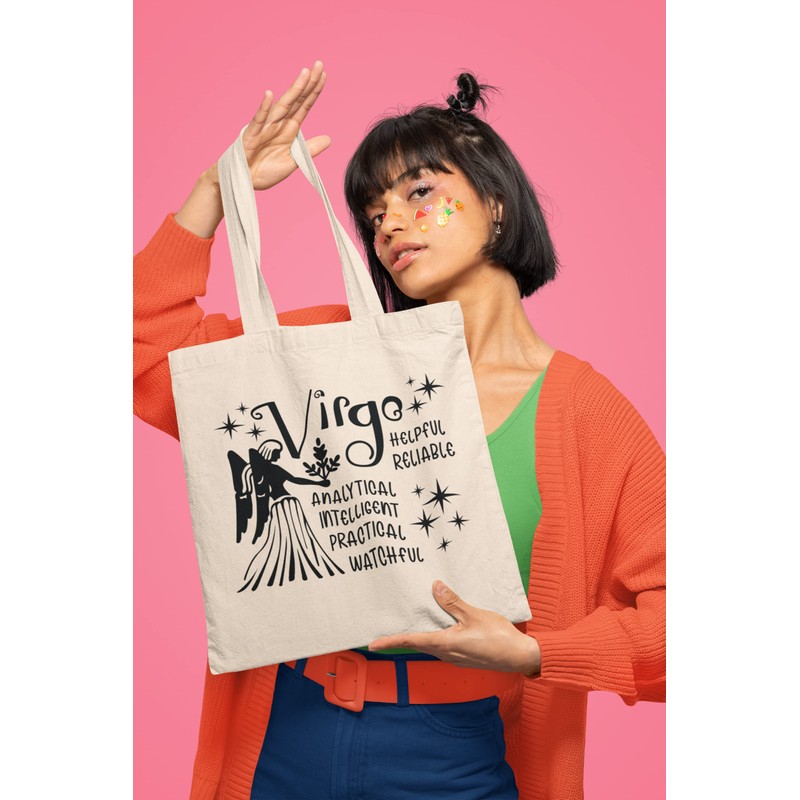 Virgo Zodiac Signs Tote Bag - Long Handled Natural Colour