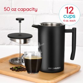 Large Insulated French Press Coffee Maker, Matte-Black Stainless Steel 50oz