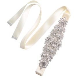 Jovbridsea Crystal Bridal Belt for Wedding Gown, Wedding Dress Belts with Rhinestones and Pearls for Bride (Sliver,Ivory)