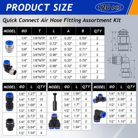 120 PCS Quick Connect Air Hose Fitting Assortment Kit, Pneumatic Push to Connect Fittings, 1/8" 1/4" 3/8" 1/2" NPT Thread Push-to-Connect Quick Release Air Line Fittings