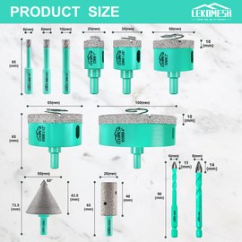 LEKOMESH Tile Hole Saw Kit - (6/8/10/25/35/50/65/100mm+20mm Finger Bit+50mm Chamfer Bit+6/8mm Tile Drill Bits) Diamond Drill Bits for Porcelain Ceramic Marble Brick Granite,Triangle Shank