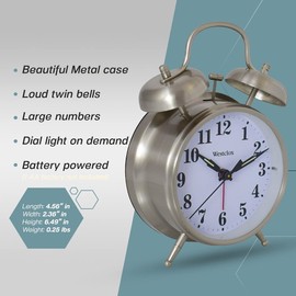 Westclox -Big Ben Twin Bell Alarm Clock | Loud Alarm Clock for Heavy Sleepers | Battery Operated Metal Clock with Backlight for Bedside Table, Bedroom, Kids Room, Desk (Silver, 4")