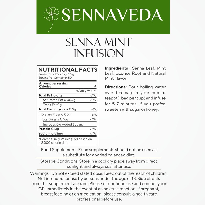Sennaveda Senna Mint Infusion – 50 Tea Bags| Made with