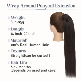 Rich Choices Ponytail Extension 100% Real Human Hair Wrap Around Remy Ponytail Extension for Women Clip In Long Pony tail Extensions Straight 15 Inch #2 Dark Brown