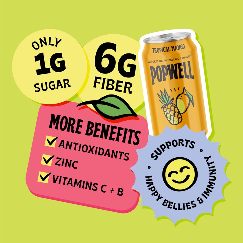 Popwell Tropical Mango Better-For-You Prebiotic Soda, with 6g Fiber, 1g