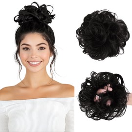 Vlasy Messy Bun Hair Piece for Women,Curly Wavy Hair Scrunchies Bun Extensions Hairpieces,Synthetic Hair Chignons Accessories Updo for Girls(1B#,35g)