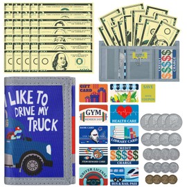 DEEKI Kids Wallet for Boys Girls 3-14, Novelty Purse with 66 PCS Play Money Set for Children Toddler Learn, Triflod Wallet with Zipper Pocket and Keychain for Birthday Party Outdoor Sports-Turtle Car
