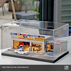 1:64 Scale Model Garage Model with dust Cover, Lighted Workshop Scene Model with Repair Parts and Three Miniature Dolls, Display case for Hot Wheels and Matchbox Cars