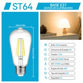 Bombillas LED Edison Vintage 6 Pack 4W Bombillas de Cristal Transparente ST64 Antiguas Bombillas de Filamento LED con 80+ CRI, Casquillo E27, para Salón Dormitorio Comedor Bar Cafetería (Luz Cálida)
