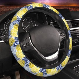 GEHGXF Car Accessories Yellow and Navy Chrysanthemum Flower Steering Wheel Cover for Women Men Breathable Anti-Slip Sweat Absorption Car Steering Wheel Protector Auto Interior Decor Universal 15 Inch