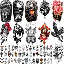 AIMHLK 56 Sheets Temporary Tattoo for Adults, 11 Sheets Large Skull Flower Crown Fake Tattoo Sticker, 45 Sheets Tiny Waterproof Tattoo for man women, Black