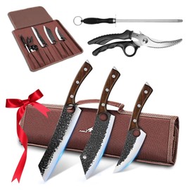 Purple Dragon 6 pcs Chef Knife Set, High Carbon Steel Hand Forged Meat Boning Carving Cleaver Butcher Knife with Accessories for Kitchen, BBQ Camping Knives Set, Christmas Gift for Man