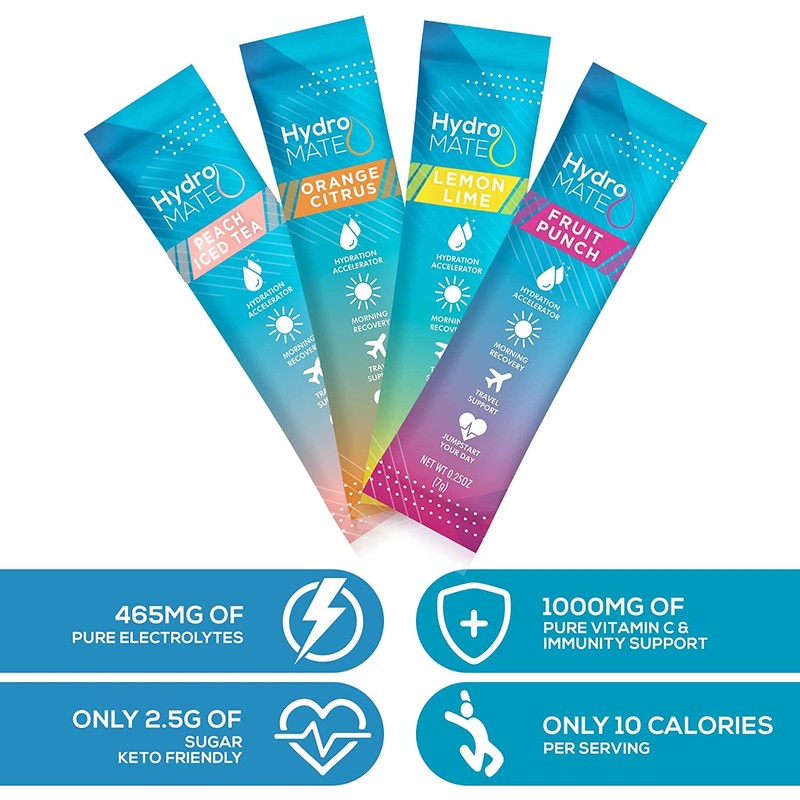 HydroMATE Electrolyte Powder Variety Pack Hydration Packets Low Sugar 30