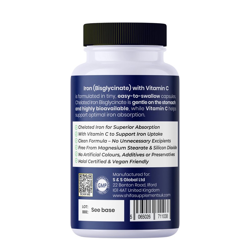 SHIFA Supplements Halal Iron Bisglycinate 20 mg + Vitamin C