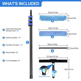 DOBEN 24-Foot Carbon Fiber Window Cleaner Tool with Telescopic Extension Pole, Rotating Scrubber & Squeegee - Durable Lightweight Design for Indoor/Outdoor Glass Cleaning