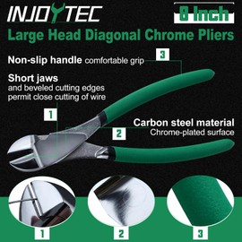 INJOYTEC Diagonal Cutters Large Head Diagonal Chrome Pliers 8-Inch Diagonal Cutting Multi-Purpose Pliers with Angled Head Heavy Duty Cutting Pliers for Cutting Electrical Artificial Wires