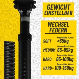 BikePeak Suspension Seat Post Diameter Selectable 27.2/30.9/31.6 mm | 350 mm Long Black Includes 3 Interchangeable Springs for Any Weight of <65 kg - 120 kg Adjustable (Length 350 mm, Diameter 30.9