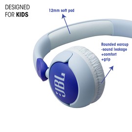 JBL Junior 320, Wired On-Ear Headphones for Kids with Built-In Mic, Safe Sound, Low Volume, 12 mm Thick Soft Pad and Sticker Set, Ultra-Portable Design, in Blue
