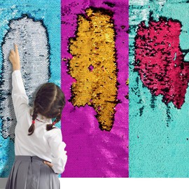 Irenare 3 Pcs Sensory Wall Sequin Flip Fabric for Boys and Girls 40 x 13 Inch Sensory Graffiti Reversible Sequin Fabric Room Decor for Classrooms Autism(Sky Blue, Rose Red, Laser Blue)