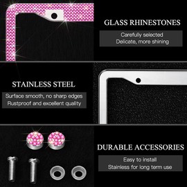 OTOSTAR 1 Pack Bling License Plate Frame with Ribbon Bow, Handcrafted Shiny Rhinestones Premium Stainless Steel 2 Holes License Plate Holder with Anti-Theft Screws Caps Set (Hot Pink/Hot Pink Bowtie)
