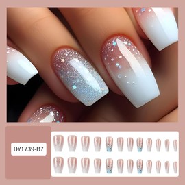 24Pcs Medium Square Press on Nails - Blue White Gradient Glitters Design Glossy Acrylic Full Cover Glue on False Nails For Women Manicure