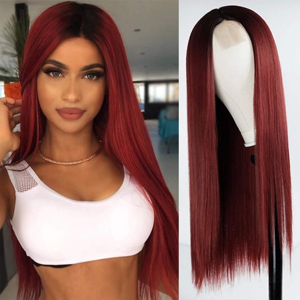 Xinran Long Red Wig for Black Women, Ombre Red Wigs Long Straight Wig, Wine Red Wig 30 Inches for Cosplay Halloween Party