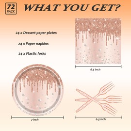 72 Pcs Rose Glitter Paper Plates 7in Disposable Dinner Plates Napkins and Forks Party Tableware Set Decoration Supplies for Girls Birthday Bridal Shower Wedding Ceremonies Anniversary Party, Serve 24