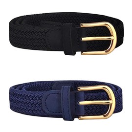 Maikun Stretchy Belts for Women, 2 Pack Ladies Woven Elastic Belt for Jeans Dress, Black Blue, for Waist Size below 34''