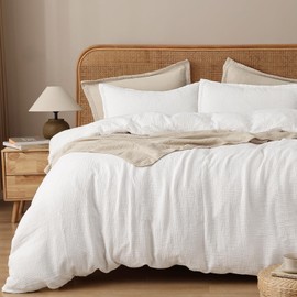 PHF 100% Natura Cotton Muslin Duvet Cover Set Queen Size, Ultra Soft Breathable Absorbent, Luxurious Minimalist Gauze Bedding for All Season, Duvet Set with 2 Pillow Shams, 90" x 90", Snow White