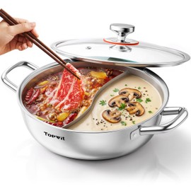 TOPWIT 3-Ply Construction 316 Stainless Steel Double-flavor Shabu Shabu Pot, 5.5QT Hot Pot with Divider, 11″ Dual Side Pot for Cooking, Hotpot for Induction Cooktop, Gas/Ceramic Cooktop, Hot Burner