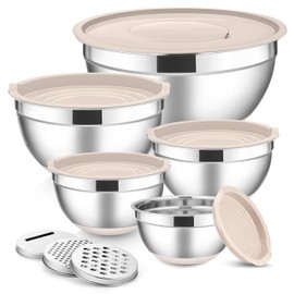 E-far Stainless Steel Mixing Bowls with Lids Set, 5-Piece Nesting Salad Bowls with 3 Grater Attachments and Non-Slip Bottoms, Size 4.6, 2.6, 2, 1.5, 1QT for Kitchen (Khaki)