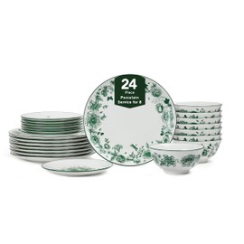 Stone Lain Esme 24-Piece Dinnerware Set Porcelain, Plates and Bowls Set, Dish Set for 8, Microwave and Dishwasher Safe, Green