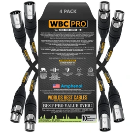 WORLDS BEST CABLES 4 Units - 0.25 Meter - WBC-PRO-QUAD Ultra-Silent Ultra-Flexible Balanced Star-Quad Cable with Amphenol Male & Female XLR Plugs & Black Tweed Jacket