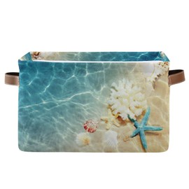 AUUXVA Storage Basket Tropical Sea Beach Starfish Seashell Storage Cube Box Durable Canvas Collapsible Toy Basket Organizer Bin with Handles for Shelf Closet Bedroom Home Office