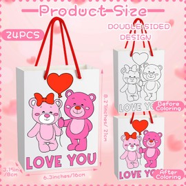 Resholder 24 Pcs Valentine's Day Paper Coloring Bags with Handle Color Your Own Candy Gift Bags Valentine Bear DIY Craft Goody Bags Gift Exchange Party Favors Gift Wrapping