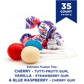 PartyWorks Patriotic Candy - 2 Pound Bulk Pack (35 Count) - 4th of July Lollipops - Red White and Blue Candy - Cherry, Vanilla, Blue Raspberry - Gum Filled Pops