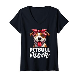 Womens Pitbull Mom Pittie Mama Dog Lover Mother's Day Cute Pitbull V-Neck T-Shirt