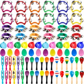 84 Pcs Shaker Musical Instruments Set including 12 Plastic Handheld Tambourine Bells 12 Colorful Cymbal 12 Egg Shaker 24 Maracas 12 Wrist Bells with 12 Castanets for Preschool Early Music Learning Toy