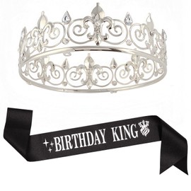 Dimetey Birthday King and Sash for Men, Birthday Decoration Sets for Men, Birthday Gifts for Men, Birthday Party, Prom, Decorations for Men (Silver)