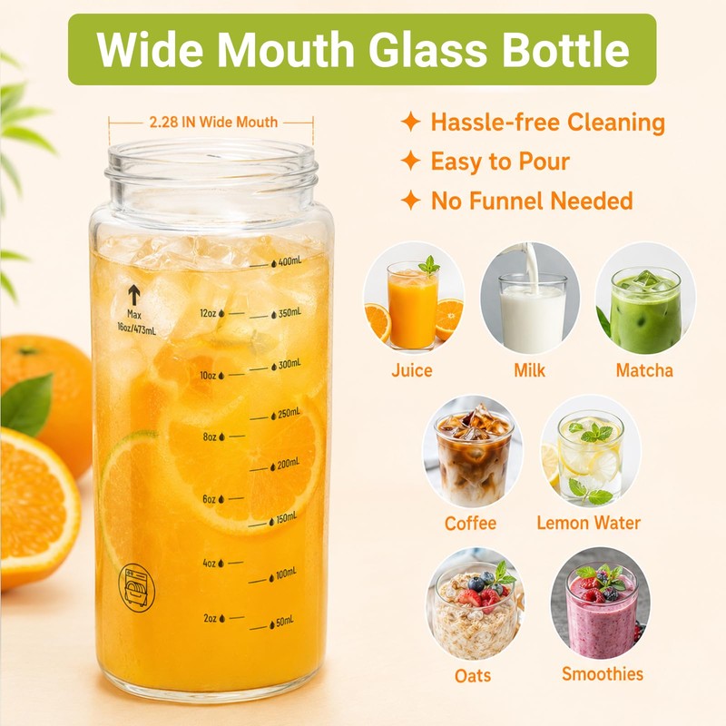 Luxgola 20oz Reusable Glass Juice Bottles with Lids, Wide Mouth,