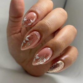 White Flower Short Press on Nails Almond Fake Nails with Sparkly Gold Glitter Design Glue on Nails Stick on Nails Summer Floral False Nails Solid Color Acrylic Nails for Women Manicure 24pcs