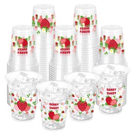ZCPTZ 100 Pcs Strawberry Plastic Cups, 12 oz Strawberry Disposable Cups Pink Clear Strawberry Party Drinking Cups for Summer Spring Party Birthday Baby Shower Supplies