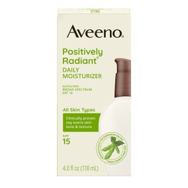 Aveeno Positively Radiant Daily Facial Moisturizer with Broad Spectrum SPF 15 Sunscreen & Total Soy Complex for Even Tone & Texture, Hypoallergenic, Oil-Free & Non-Comedogenic, 4 fl. oz
