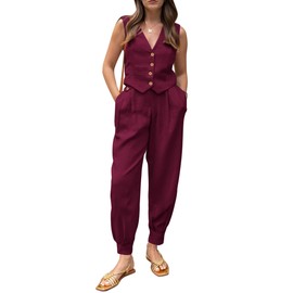 PRETTYGARDEN Womens Summer 2 Piece Outfits V Neck Button Front Cropped Tank Tops Vest And Pockets Pants Cotton Matching Sets (Dark Red,X-Small)