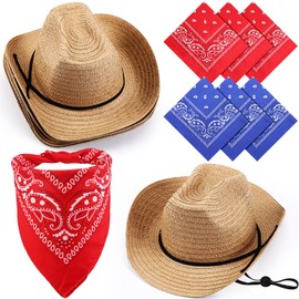 Unittype 6 Set Straw Cowboy Hats Bandanas Set Cowgirl Western Party Hat(Khaki)